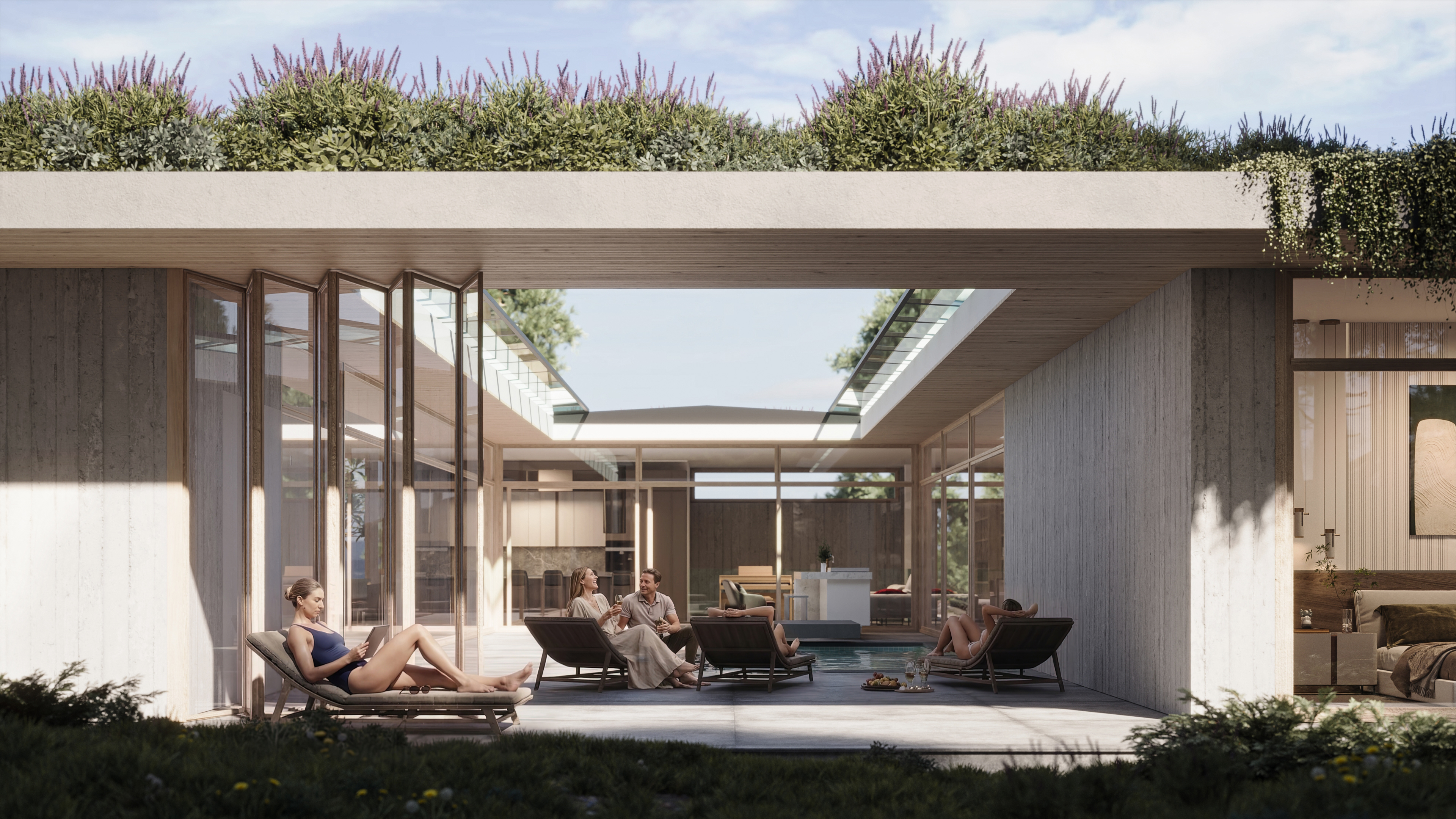 Takkti luxury forest villa dusk scene separating the residence from its landscape context &mdash; luxury residential CGI Europe