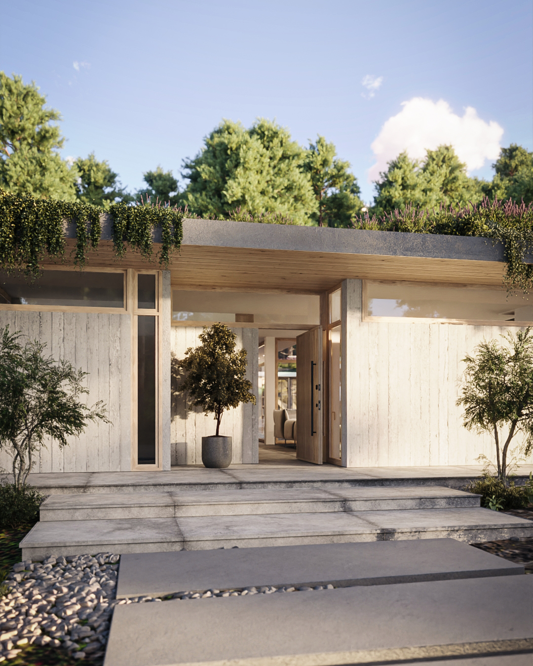 Takkti luxury forest villa back-of-house angle showing the living green roof &mdash; architectural visualisation Cotswolds