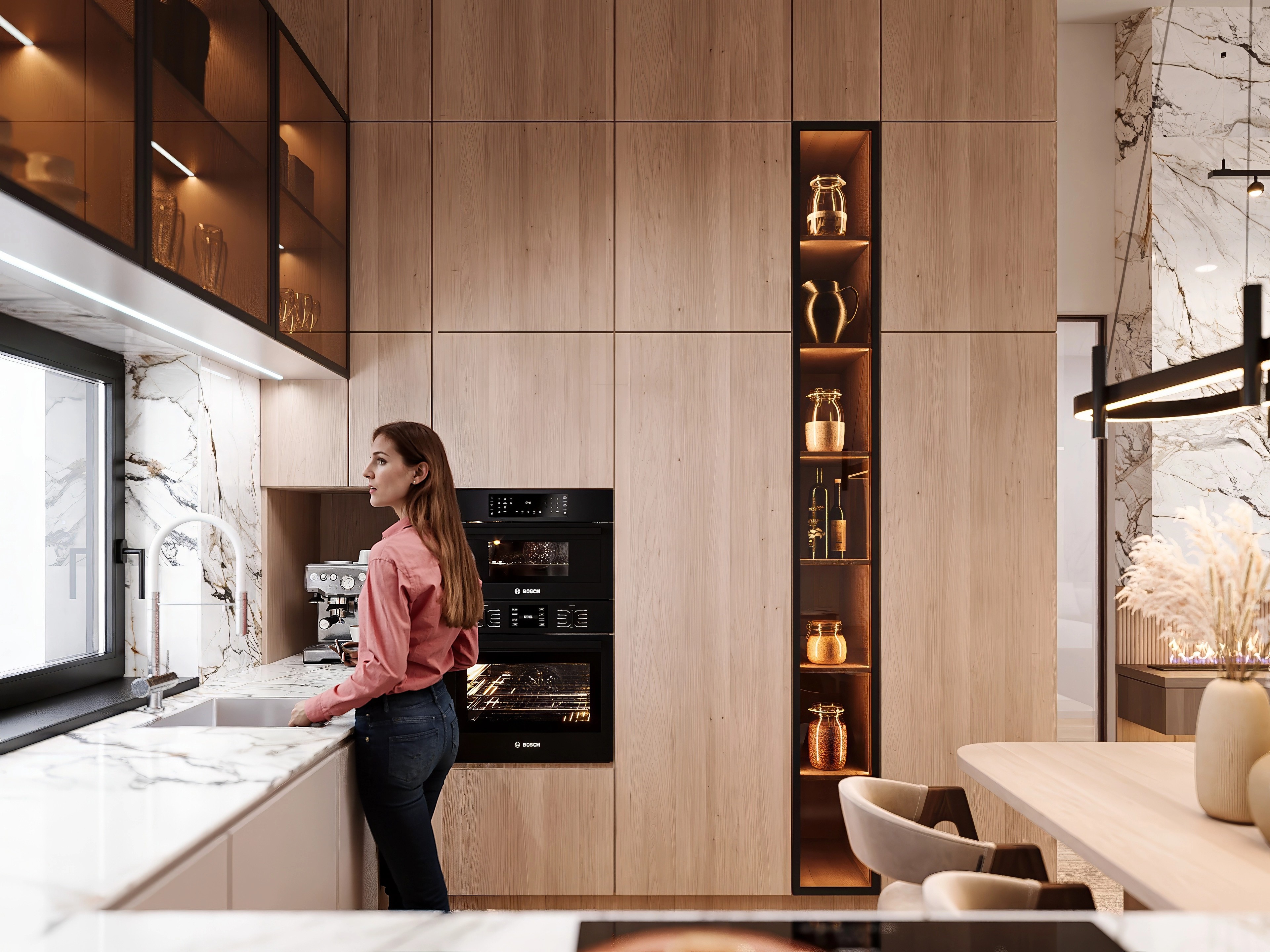 Zabrezie luxury bungalow kitchen with Calacatta marble island &mdash; lifestyle CGI luxury residential Europe