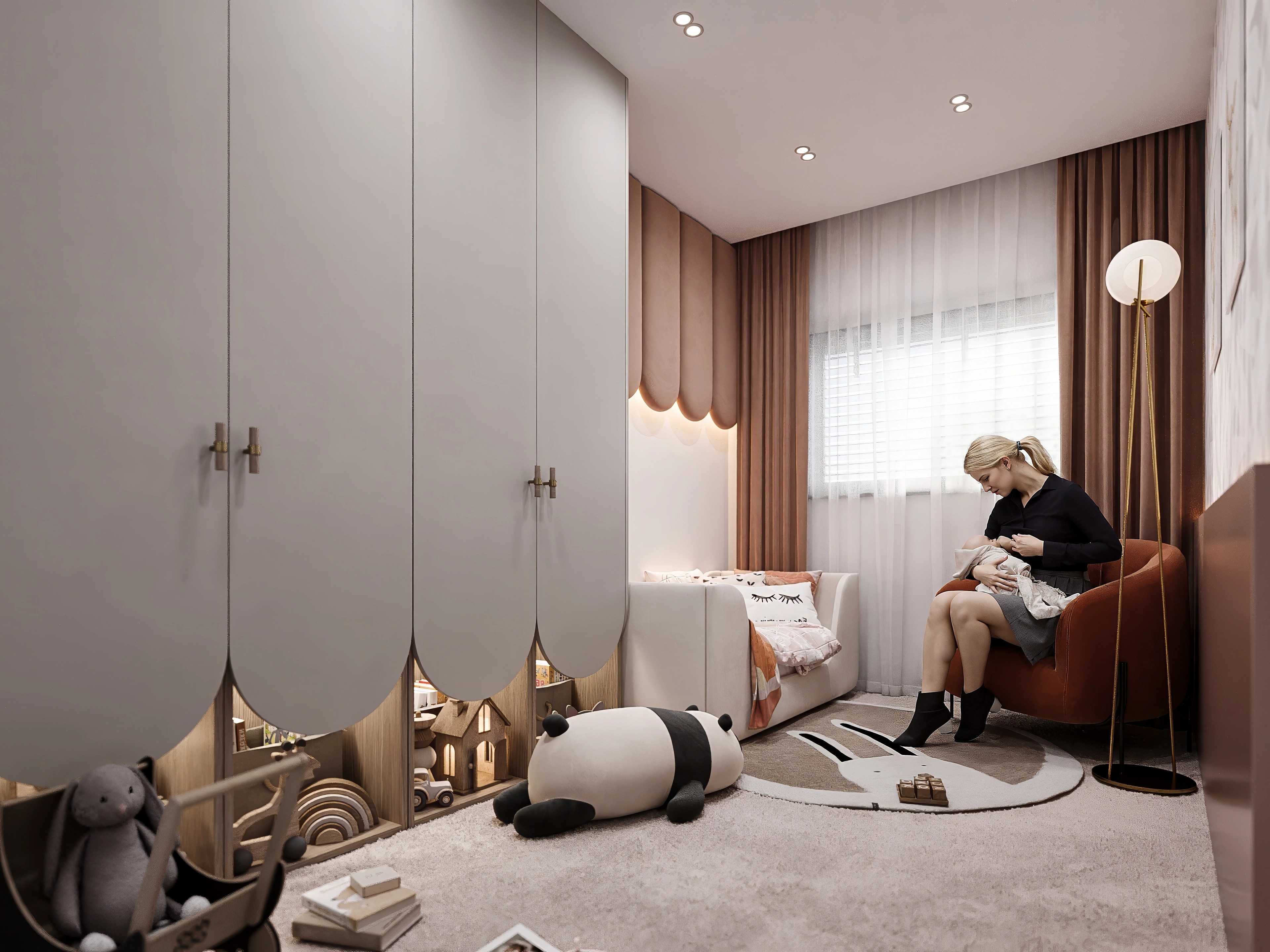 Zabrezie nursery with a mother and infant lifestyle moment &mdash; interior visualisation UK