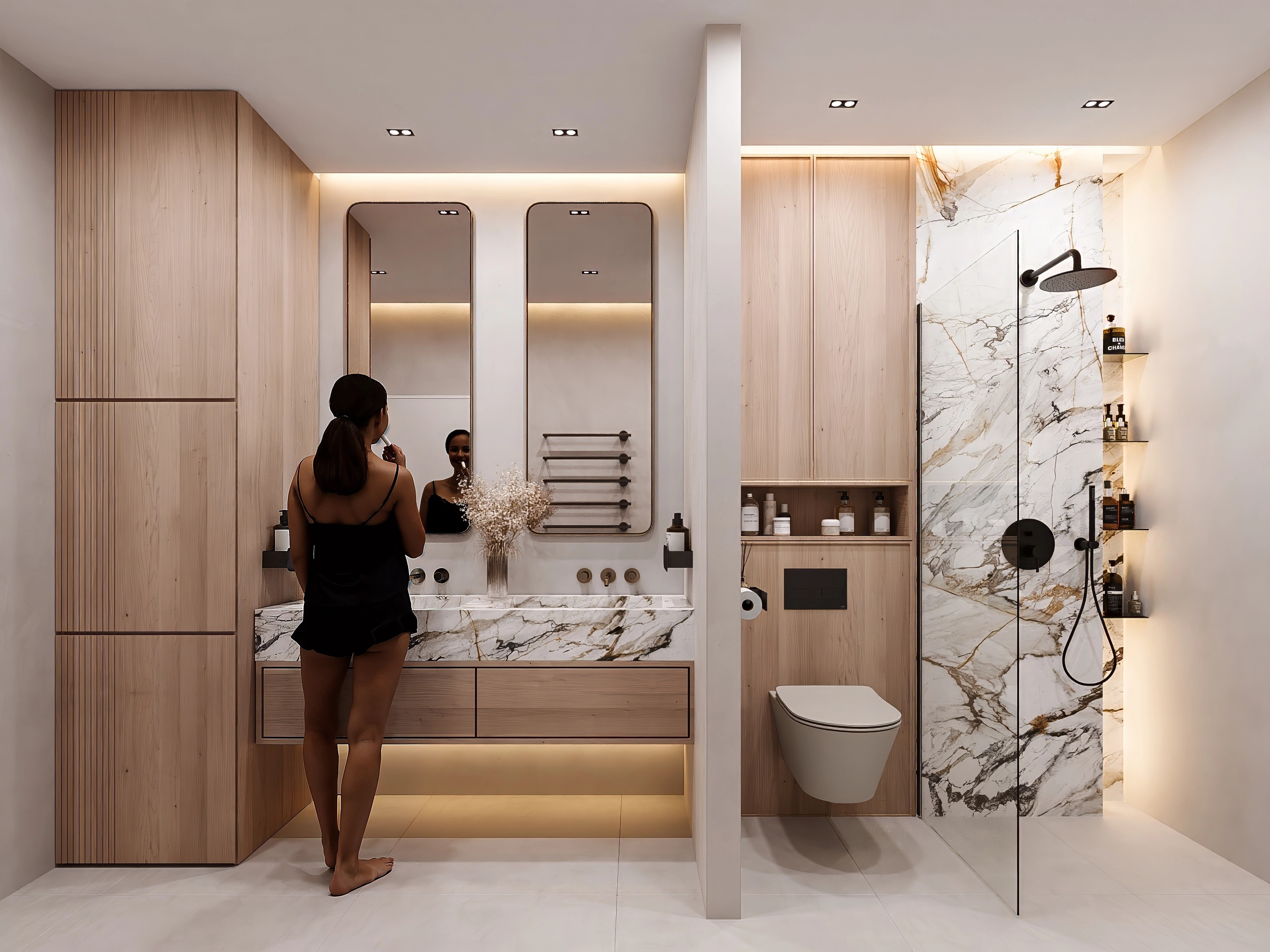 Zabrezie master bath with Calacatta marble and gold veining