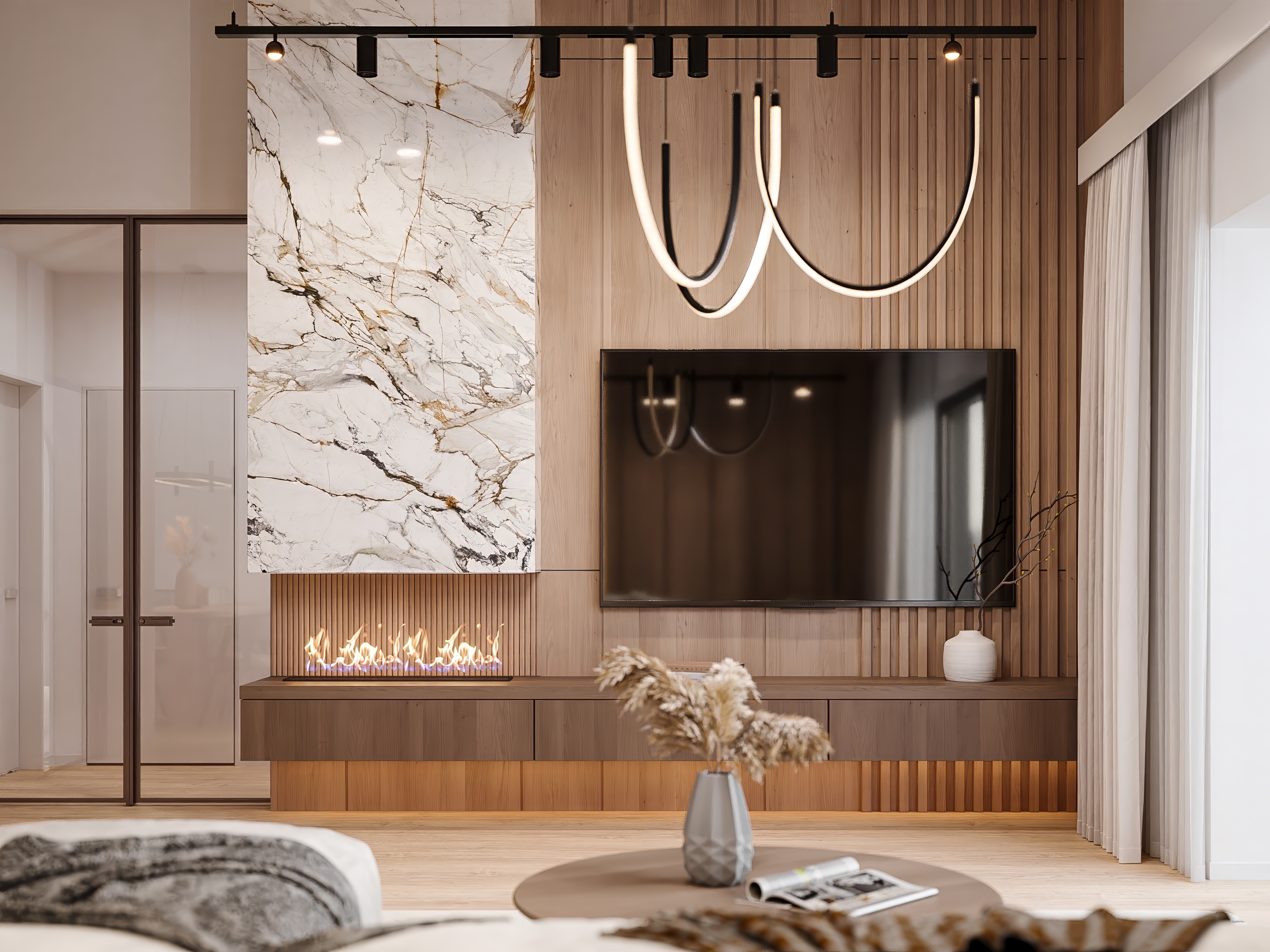 Zabrezie open-plan living room with lifestyle figures &mdash; luxury residential CGI Europe