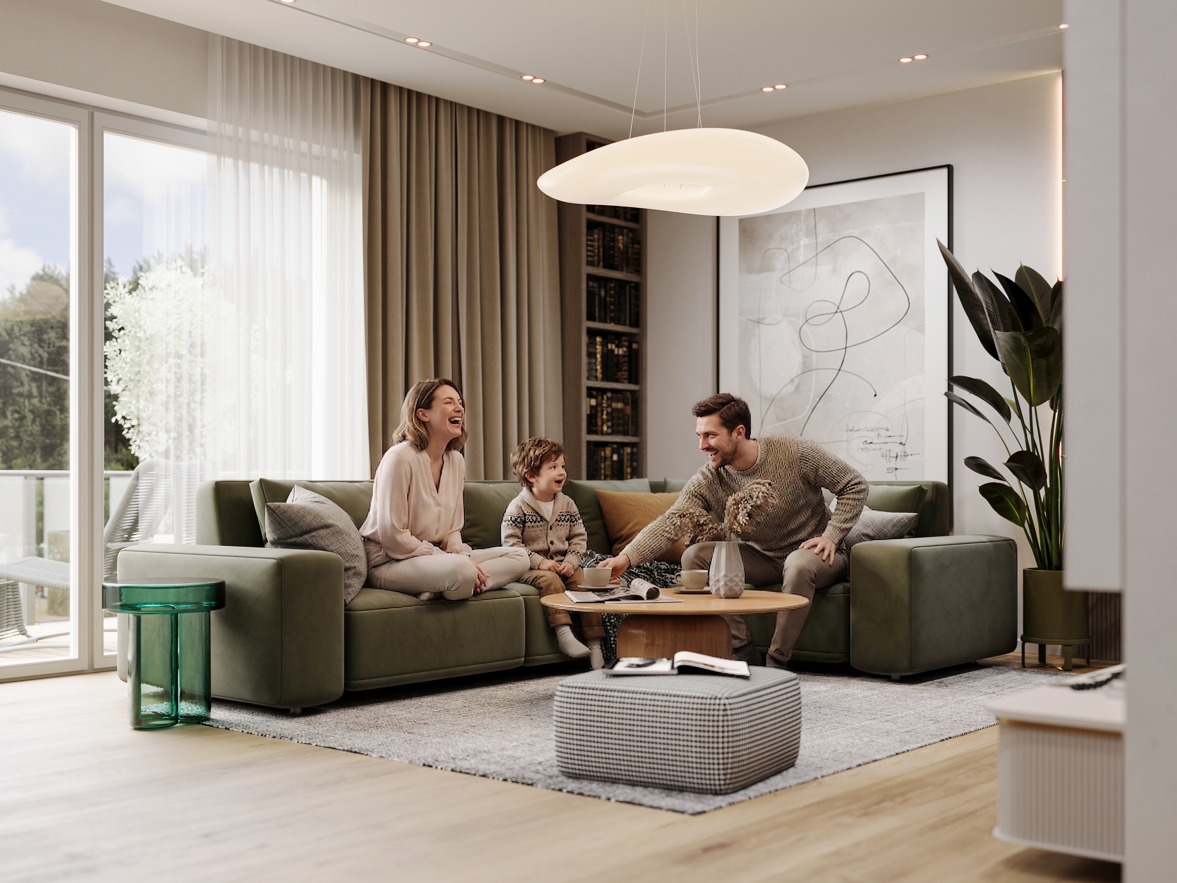 ZU502 luxury two-bedroom apartment living room with balcony connection, 2-bedroom apartment off-plan CGI