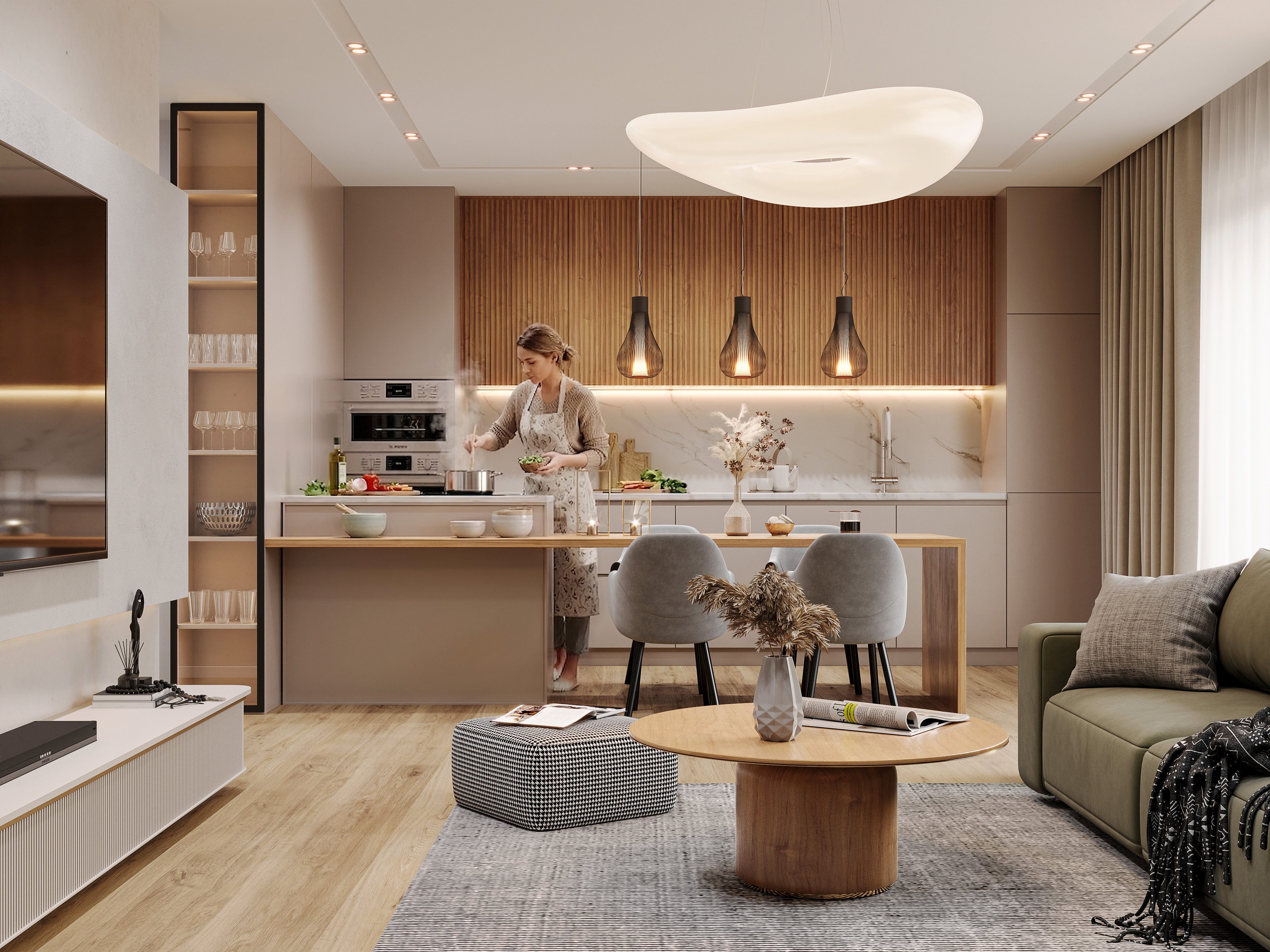 ZU502 luxury apartment kitchen with live-edge timber panels &mdash; 2-bedroom apartment off-plan CGI Europe