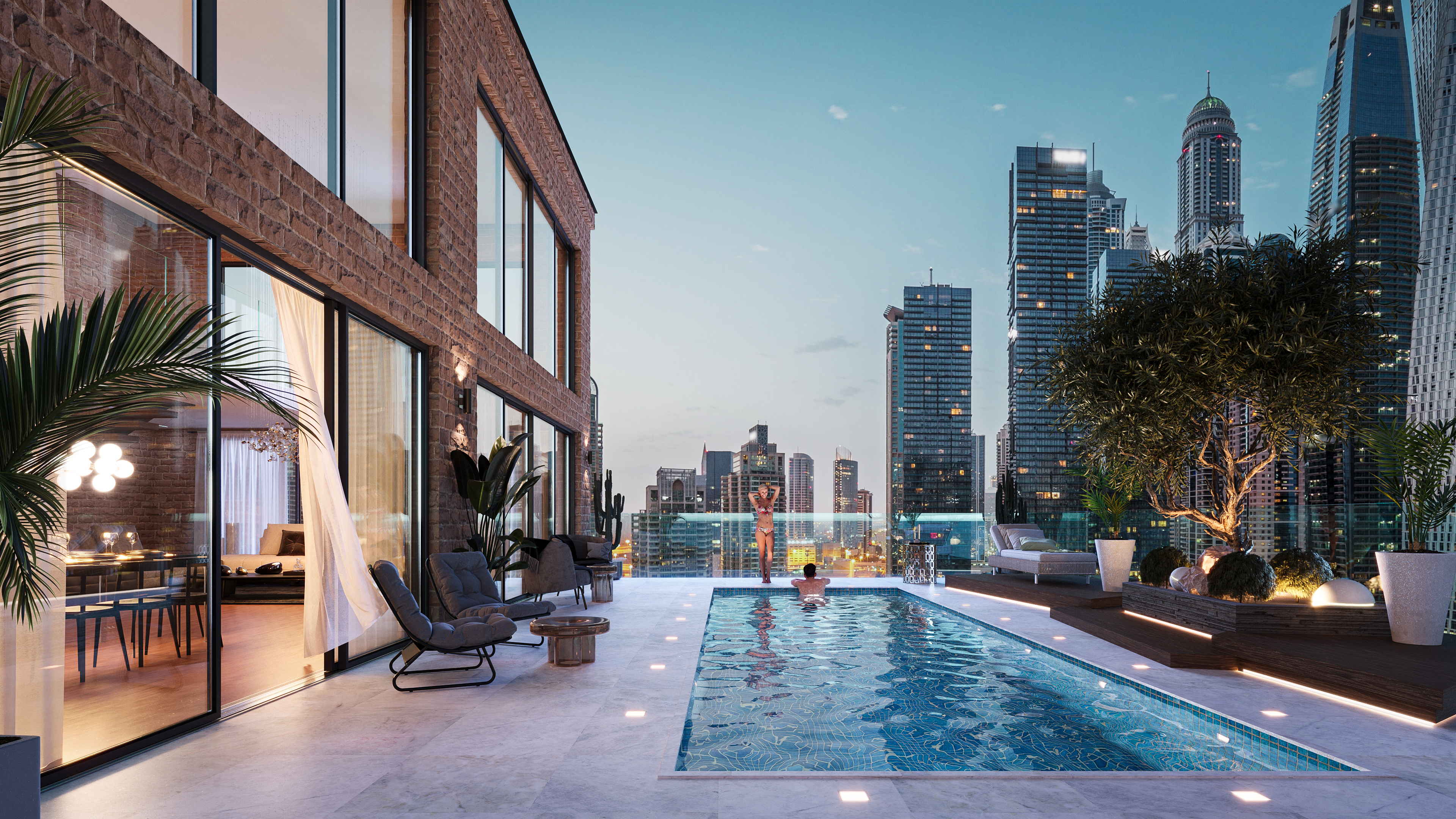 DMD portfolio book cover spread &mdash; exterior terrace hero image with welcome note