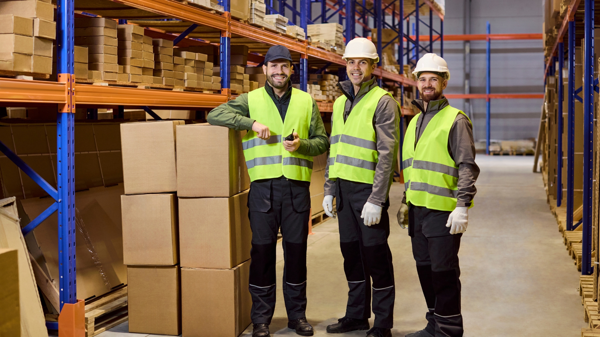 Three warehouse workers in hard hats and safety vests