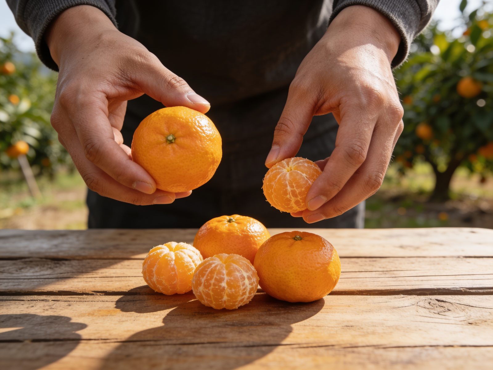 Kinnows being inspected by hand on a wooden farm table