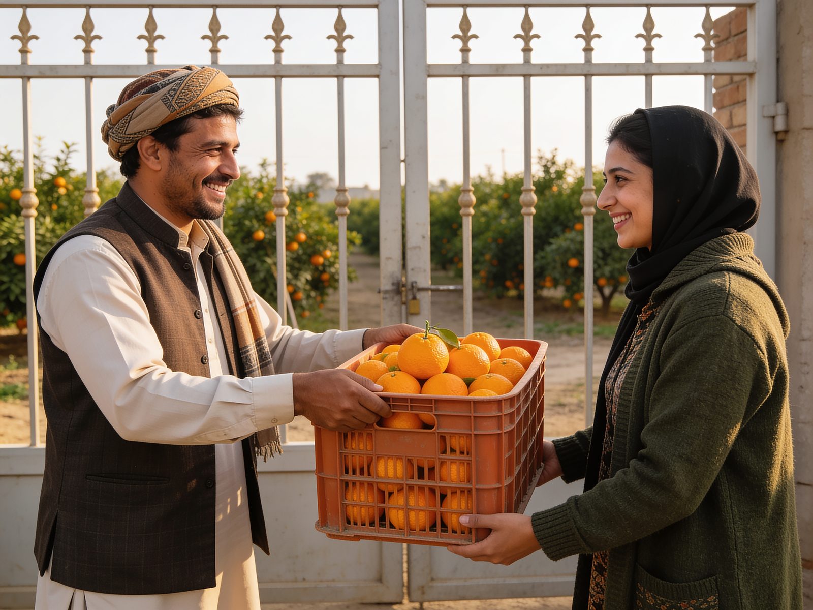 Farmer handing a crate of fresh kinnows directly to a customer