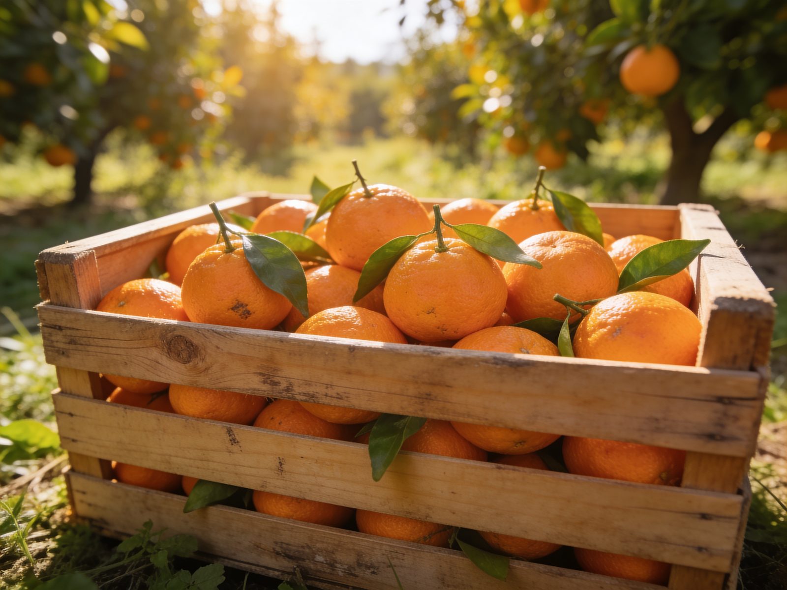 Crate of fresh KK Farm kinnows in the orchard
