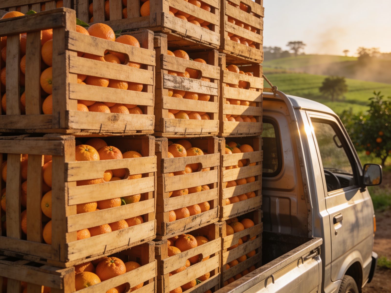 Crates of kinnows loaded on a farm pickup for dispatch