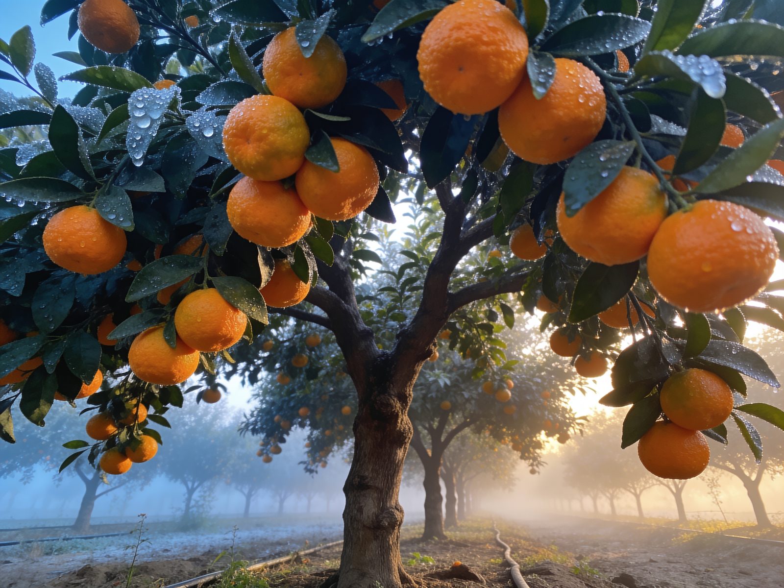 Misty winter morning in the KK Farm kinnow orchard