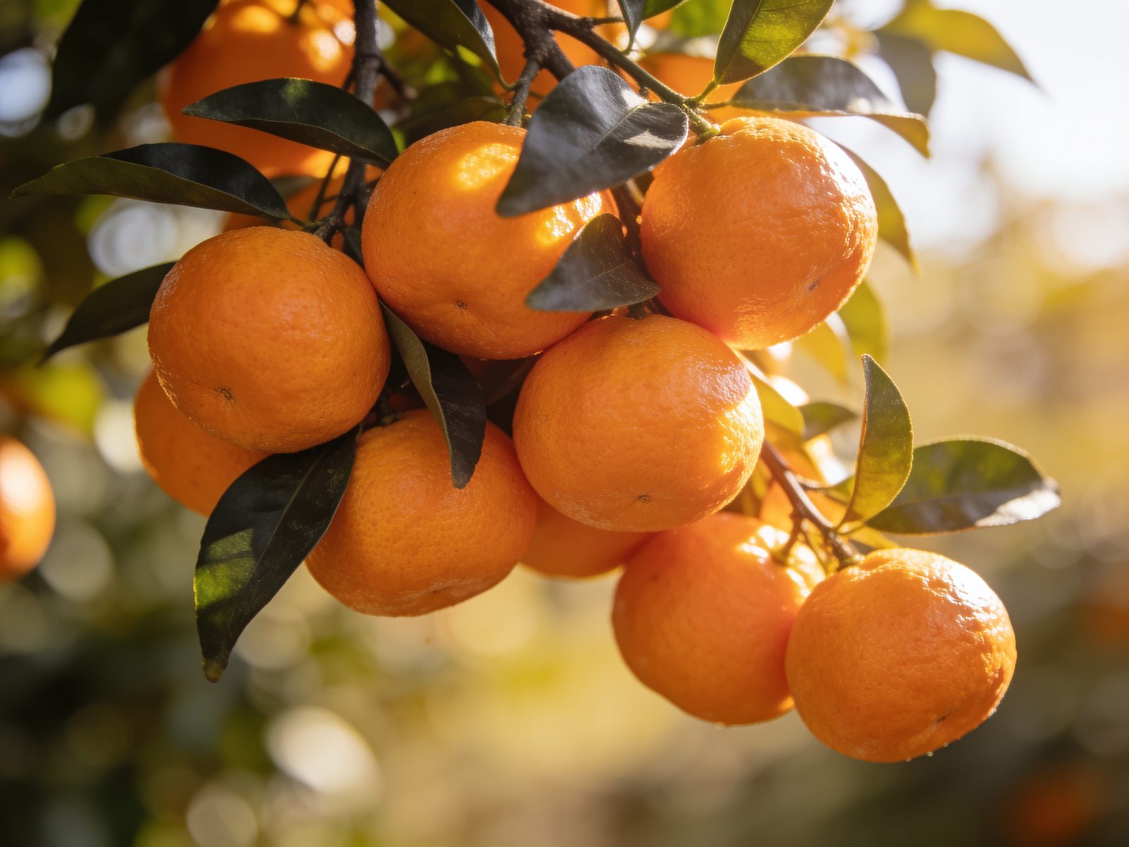 Cluster of fully ripe kinnows glowing in sunlight