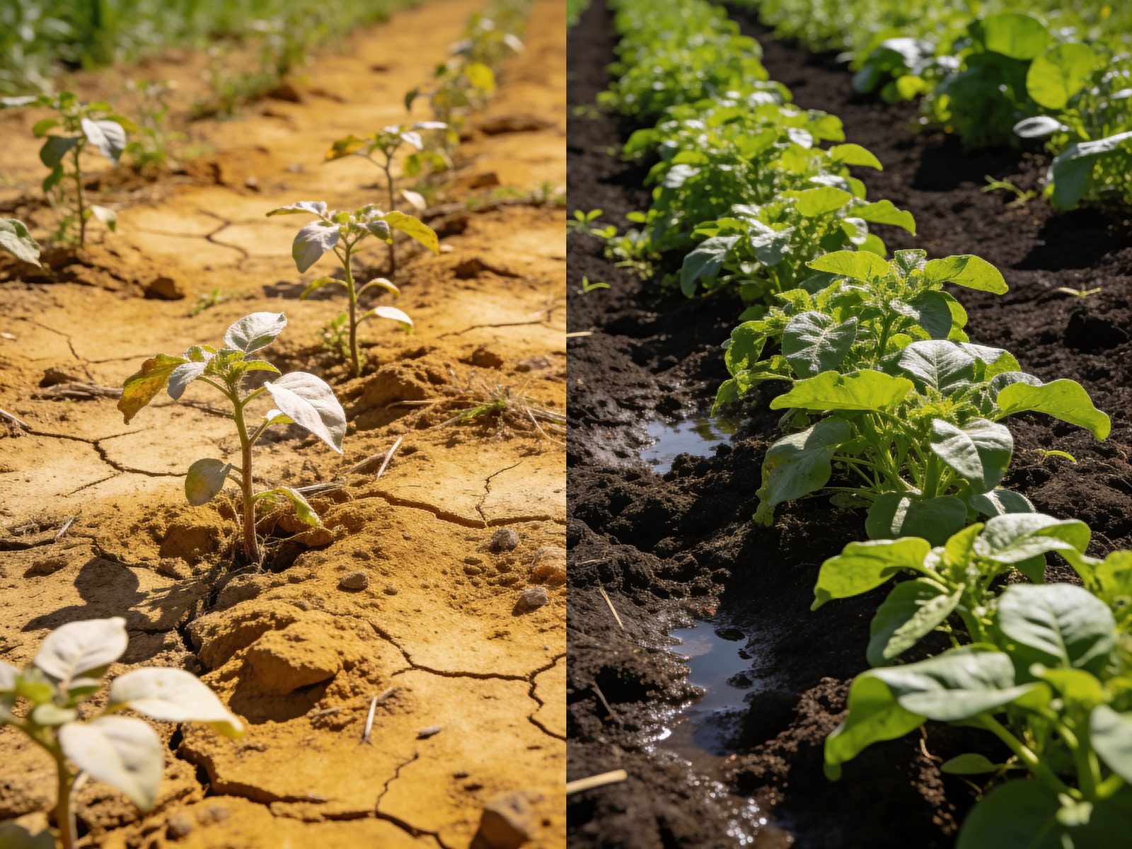 Hard dry soil compared with dark living soil