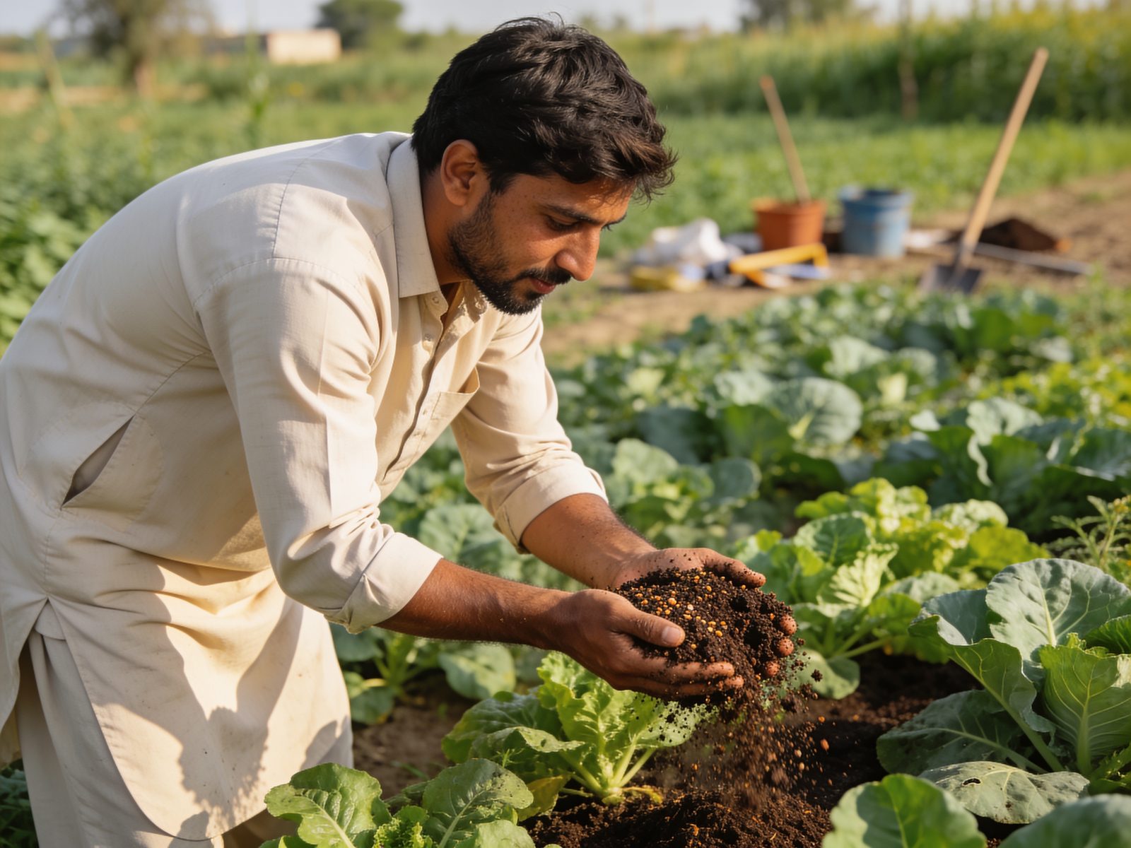 Farmer holding rich vermicompost over green crops