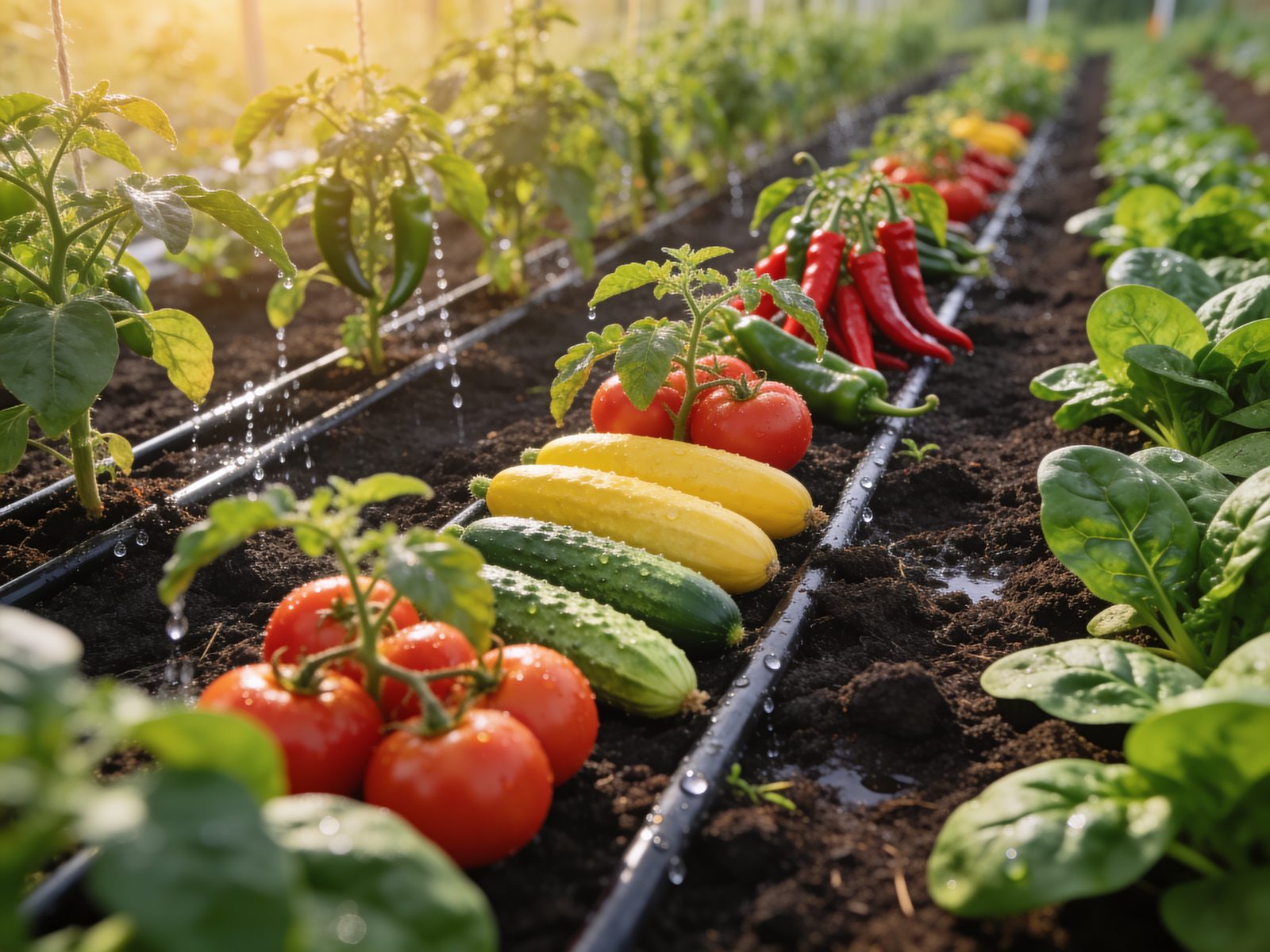 Vegetable rows thriving with drip irrigation