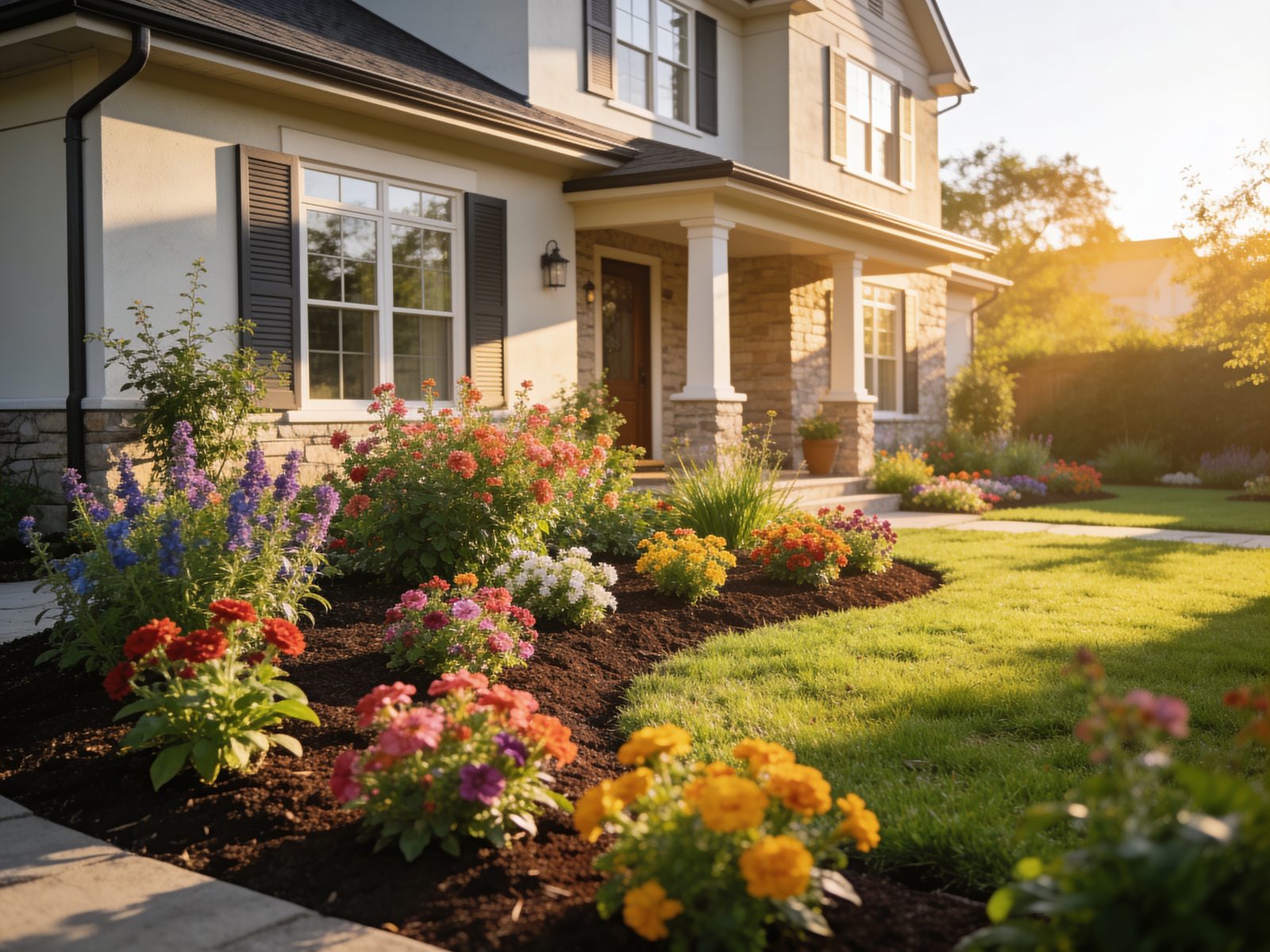 Lush lawn and colourful flower beds by a home