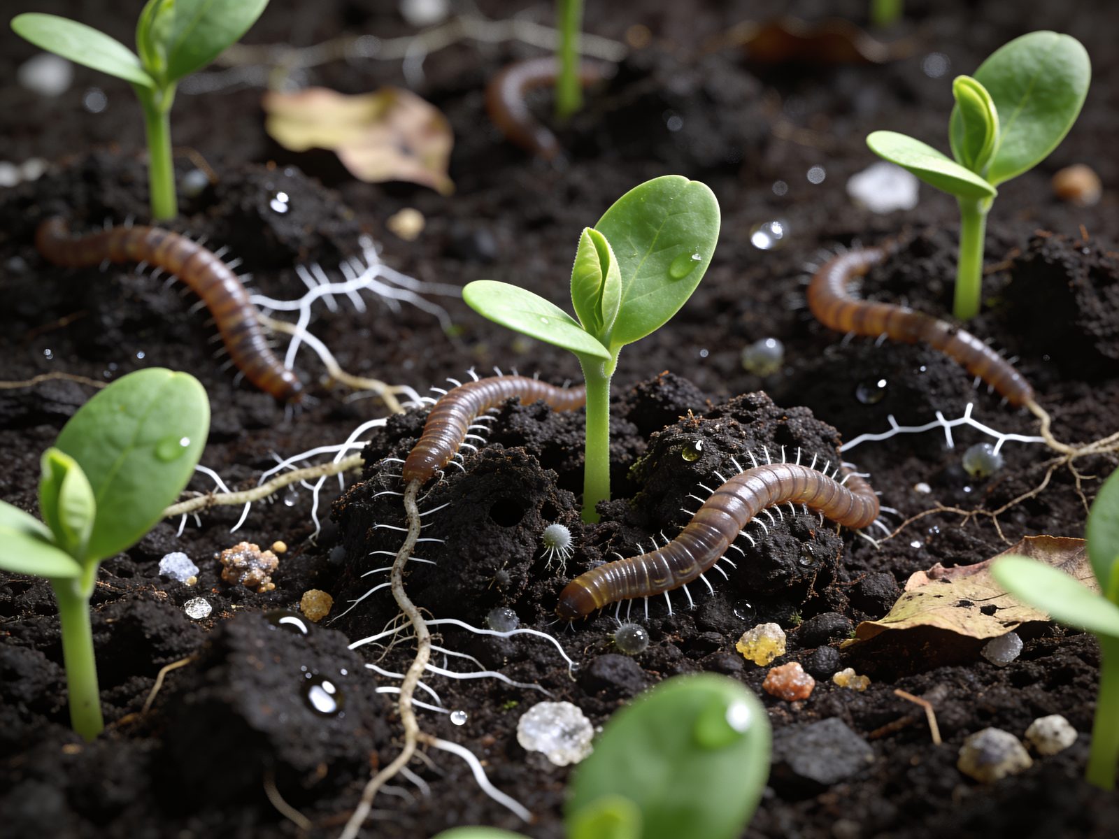 Healthy sprouts growing in worm-rich dark soil