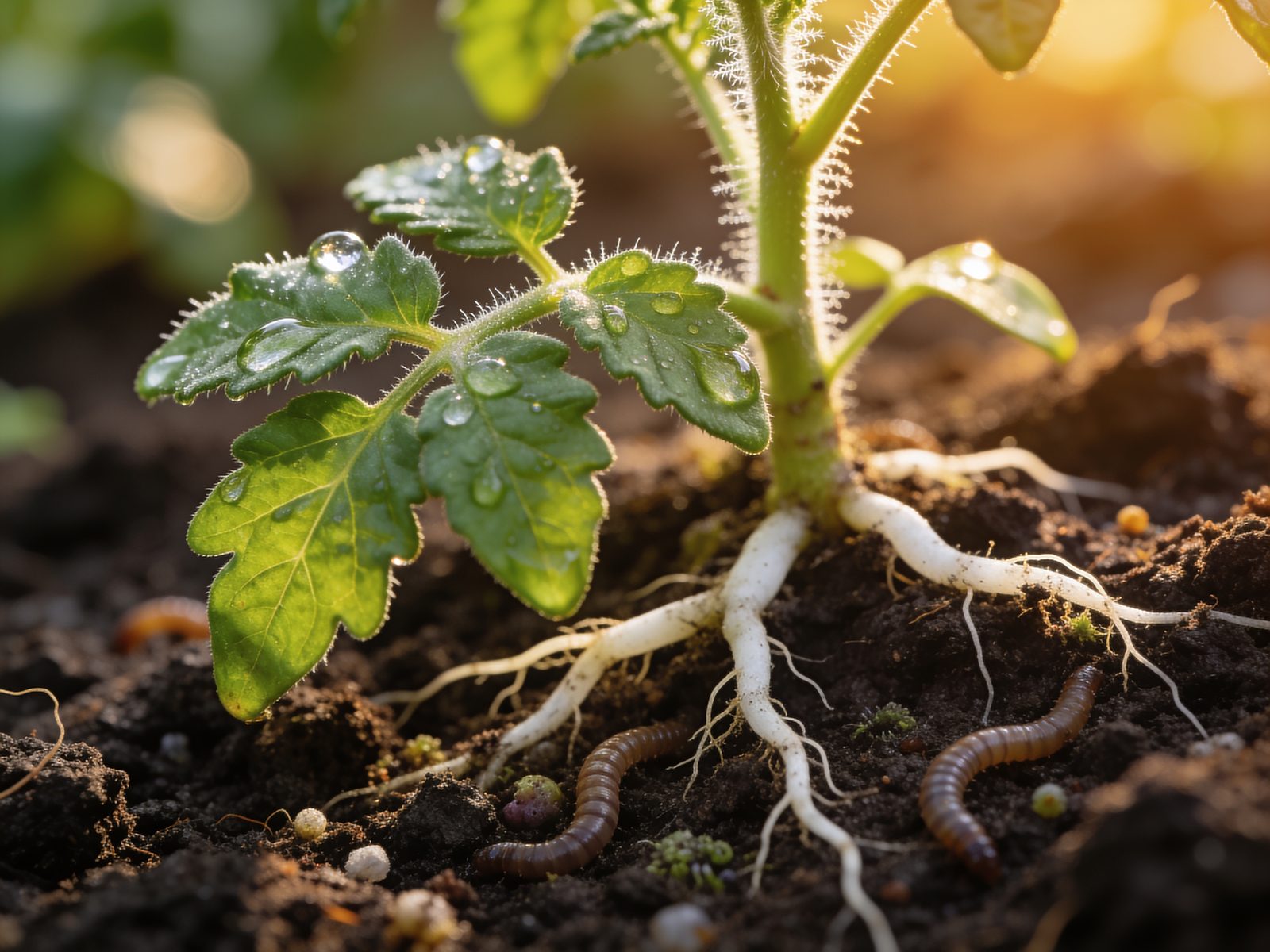 Seedling with strong roots in living soil with earthworms
