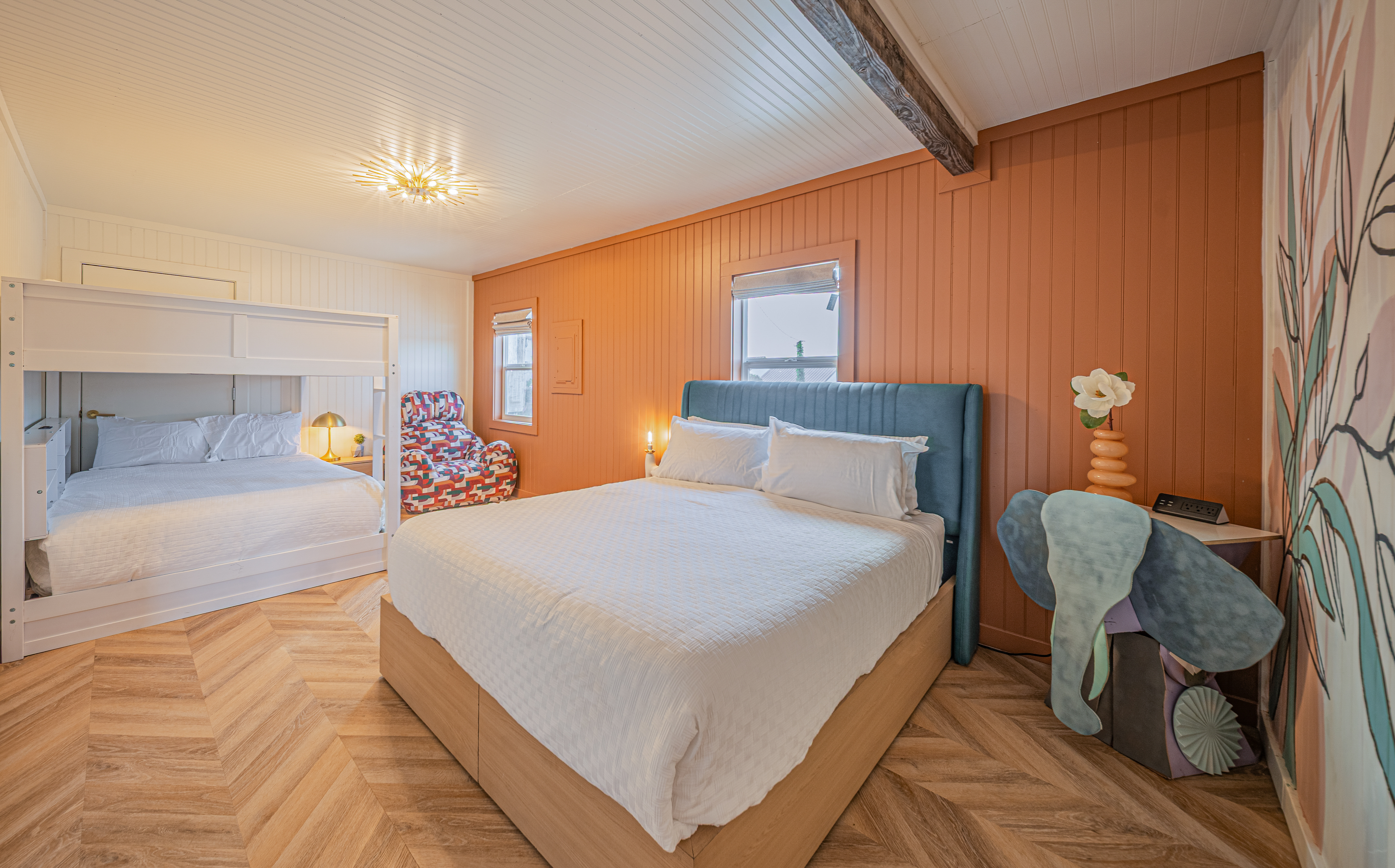 Two-bedroom cabin sleeping eight at Funky Fortress, a large group cabin rental on the Oregon Coast in Florence Oregon Two-bedroom cabin sleeping eight at Funky Fortress, a large group cabin rental on the Oregon Coast in Florence Oregon