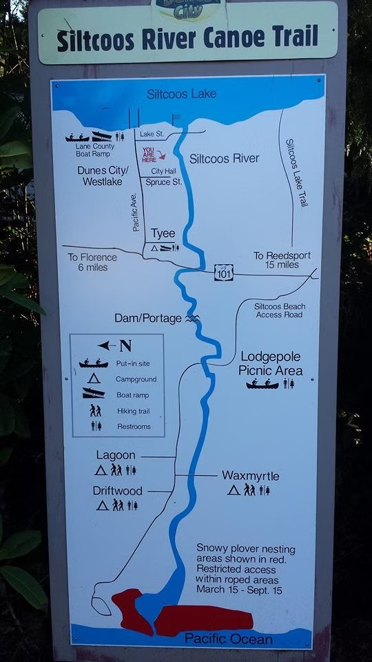 Map showing Oregon Coast cabins on a lake at Siltcoos Lake, 10 minutes from Florence Oregon and 5 minutes from the Oregon Dunes