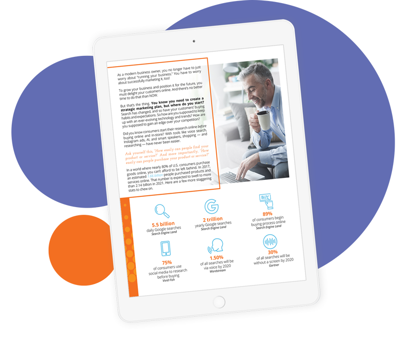 Man holding a coffee cup while reading marketing insights on a tablet, featuring statistics about online searches and consumer behavior, relevant to business growth strategies.