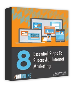 Ebook cover titled "8 Essential Steps To Successful Internet Marketing" by RIO Online, featuring various digital devices displaying marketing analytics and strategies, emphasizing modern internet marketing techniques.