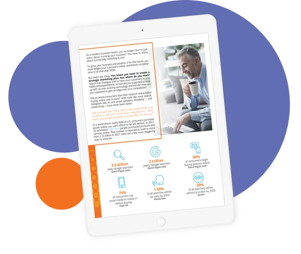 Man smiling while holding a coffee cup and using a tablet, with colorful graphic elements, emphasizing modern business strategies and marketing tools for growth.