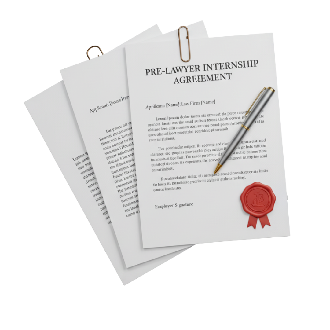 Pre-lawyer internship agreement document with applicant details, signature line, and wax seal, emphasizing legal concepts and contract preparation.