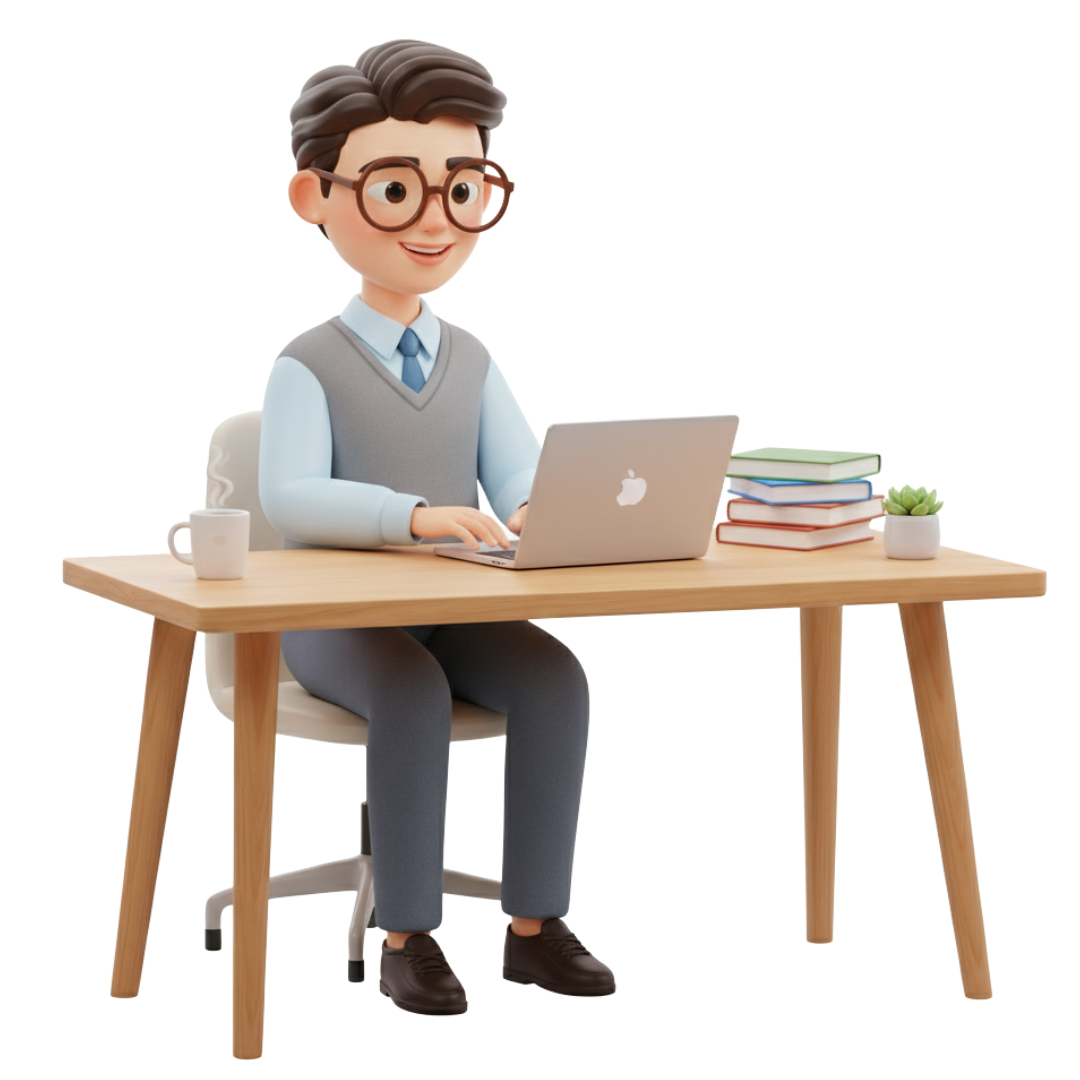 3D character focused on laptop, illustrating AI resource engagement, with books and coffee cup on desk.