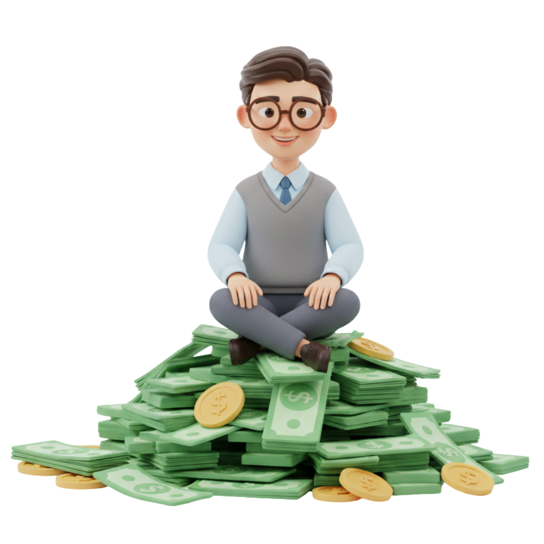 Cartoon character sitting on a pile of cash and coins, symbolizing financial success and cash flow management, relevant to cash flow coaching and business credit optimization.