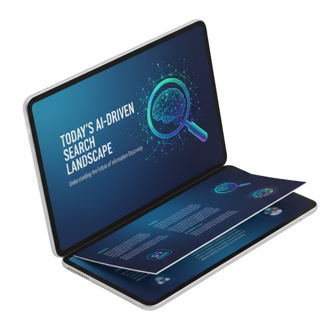 AI-driven search landscape visual on a digital device, featuring a magnifying glass over a brain graphic, emphasizing understanding of information discovery.