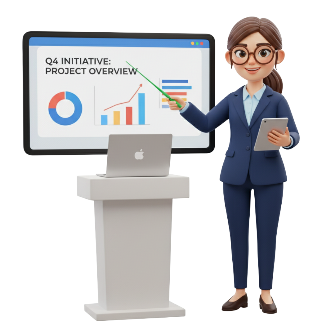 3D animated woman presenting project overview on a screen with graphs and charts, emphasizing project management and AI strategies for enhanced business performance.