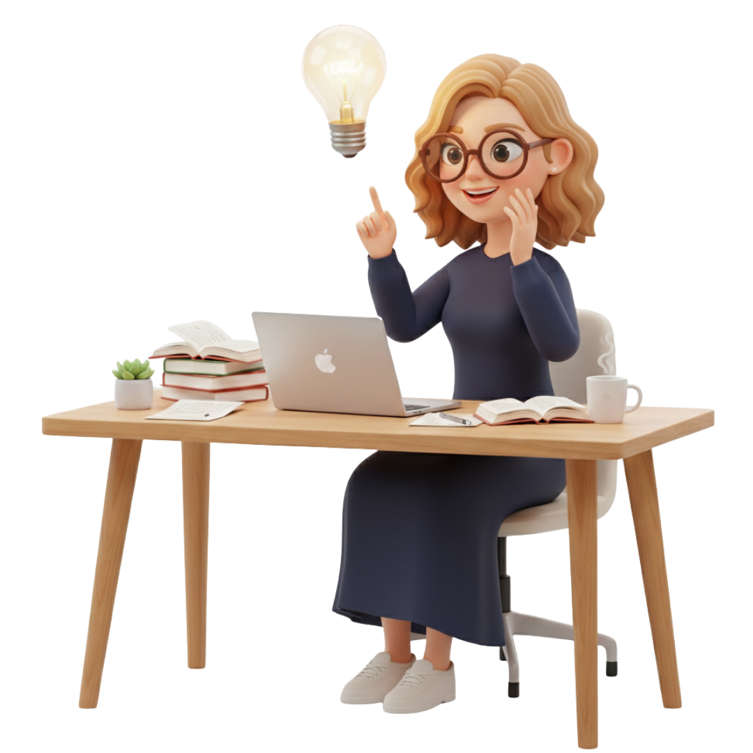 Woman with glasses sitting at a desk with a laptop, books, and a coffee cup, expressing excitement with a lightbulb above her head, symbolizing ideas and creativity in AI and project management.