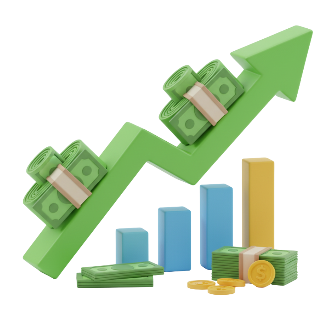 3D illustration of increasing cash flow represented by green dollar bills and a rising arrow, accompanied by colorful bar graphs and coins, symbolizing business growth and financial clarity.
