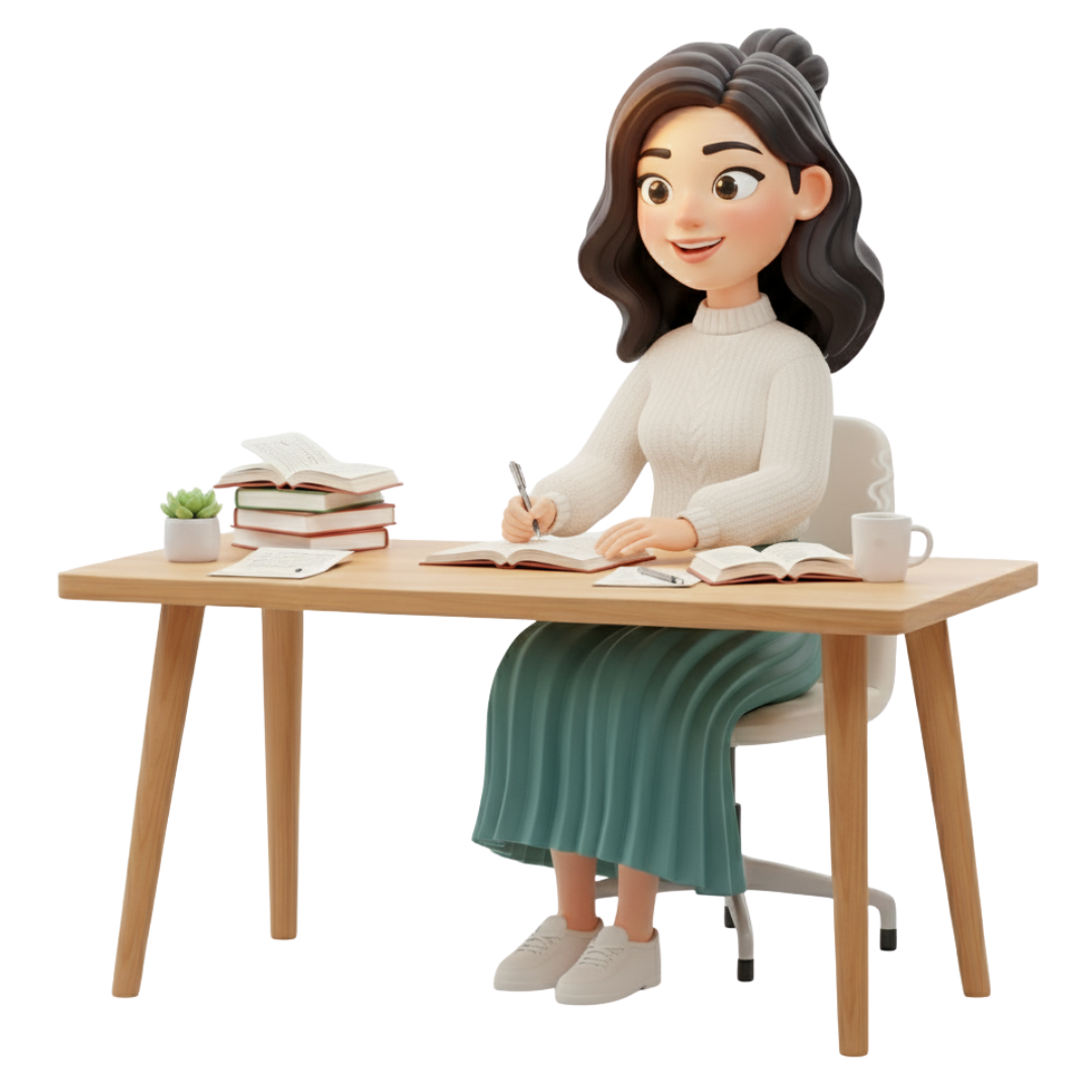 Illustration of a woman studying at a desk with books, writing notes, and a coffee cup, representing AI learning resources and personalized coaching.