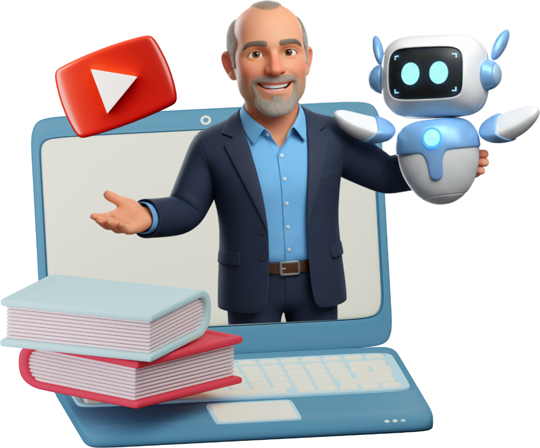 Business professional presenting a chatbot and educational resources, with a laptop and YouTube logo, symbolizing AI and Custom GPT applications for business growth.