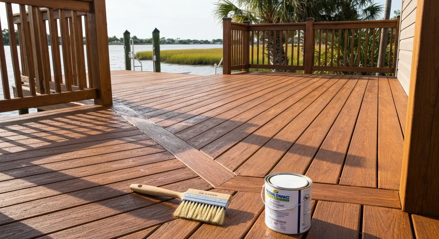 Deck staining service on waterfront property