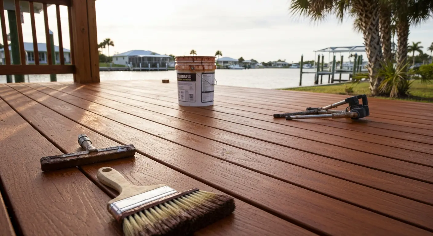 Stained wooden deck near water