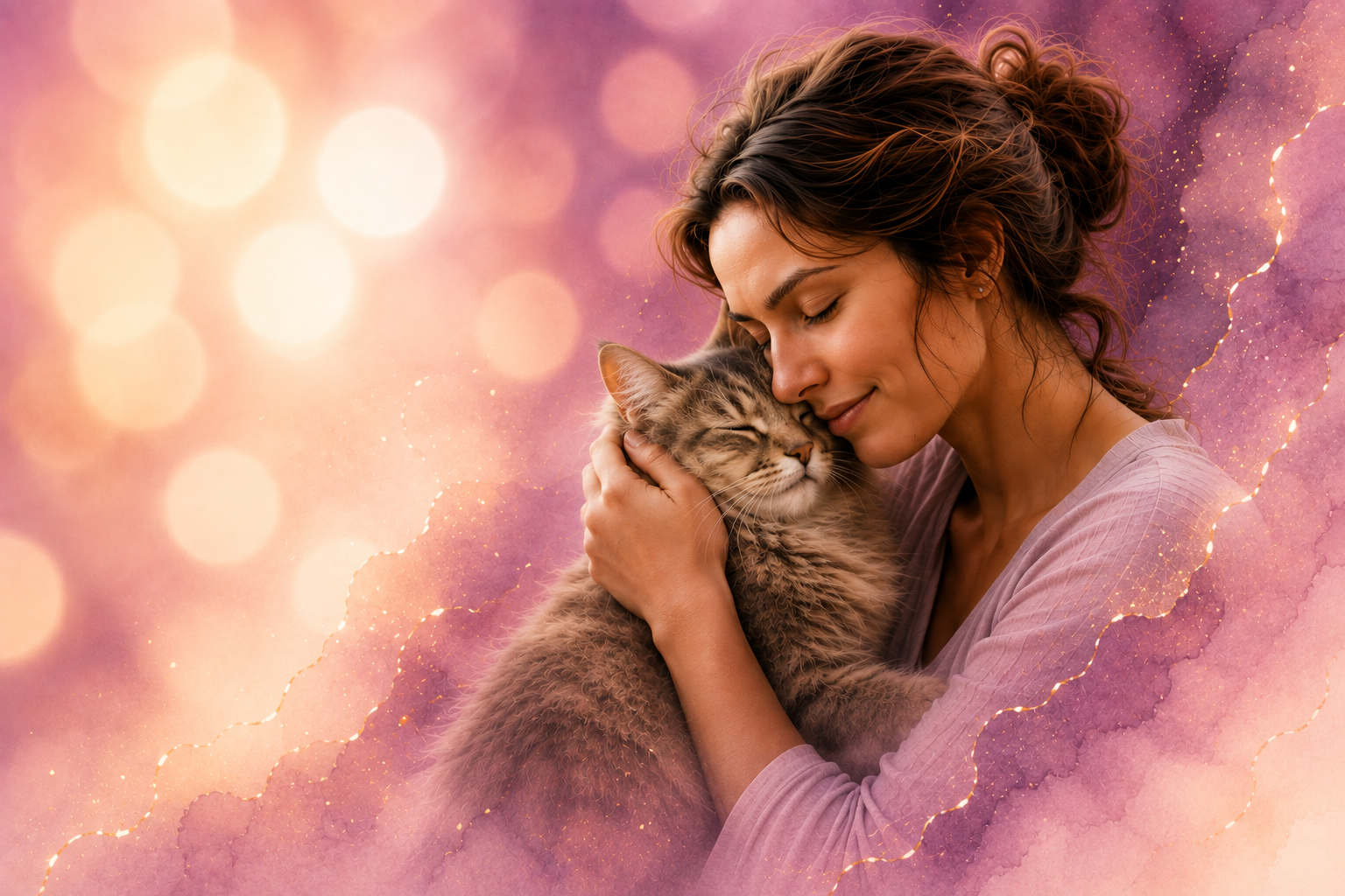 A woman holding her cat close, a quiet moment of connection