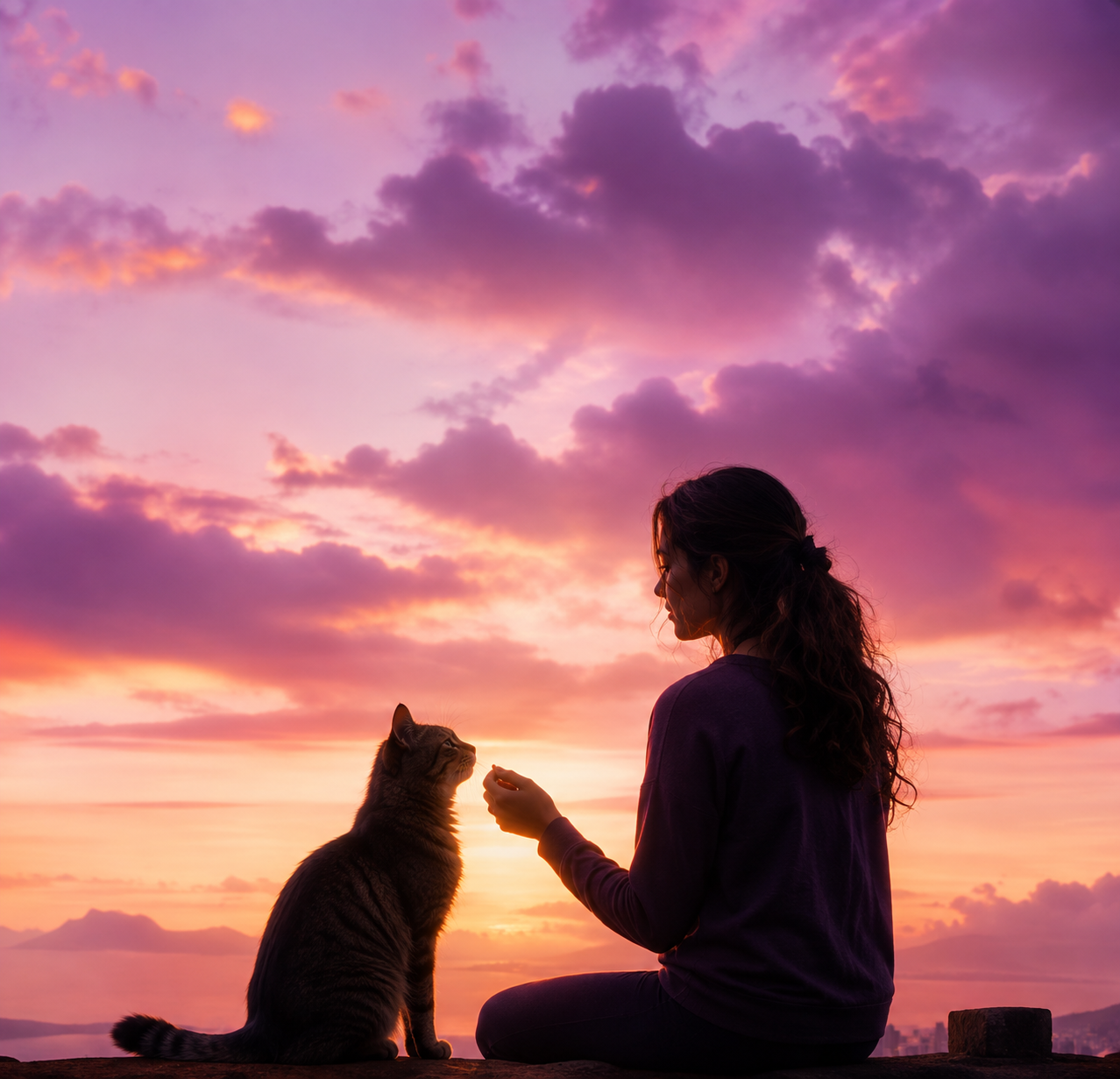 A woman and her cat together at sunset, calm and connected