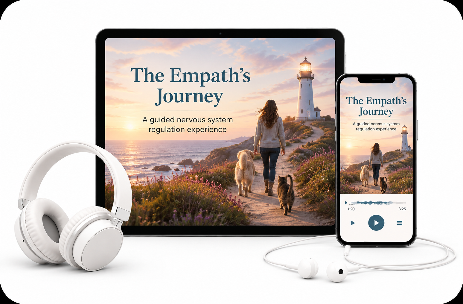 The Empath's Journey on a tablet and phone with headphones
