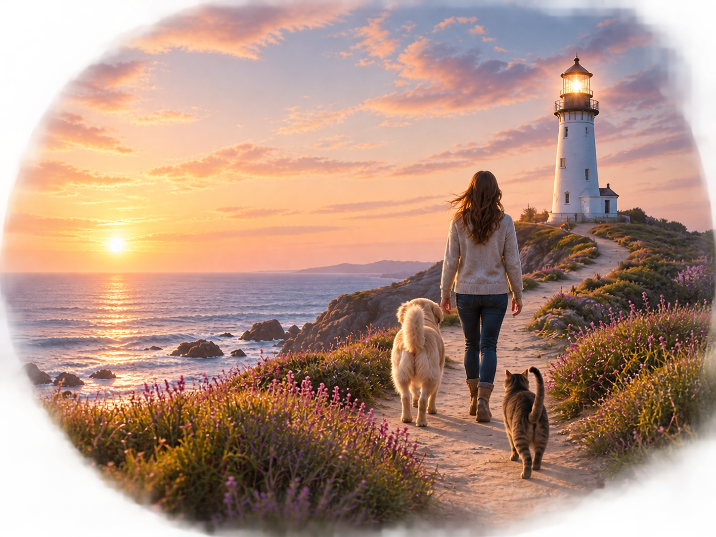 A woman walking a coastal path toward a lit lighthouse at sunset, a dog and a cat beside her