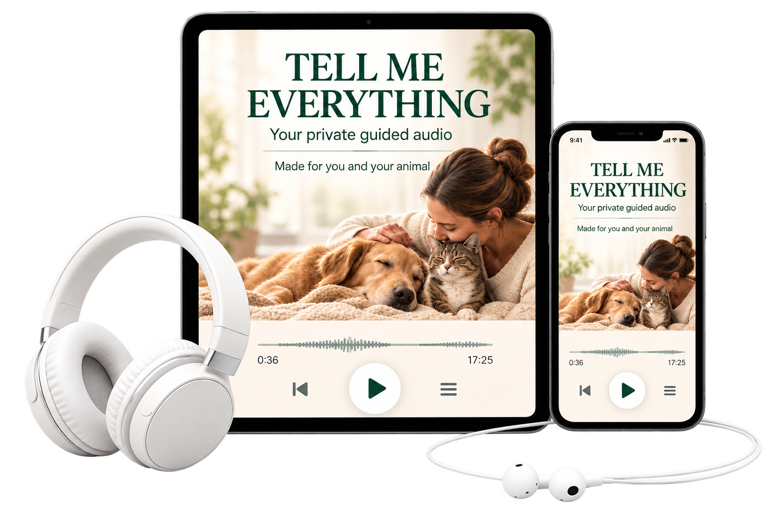 Tell Me Everything, your private guided audio, shown on a tablet and a phone with headphones