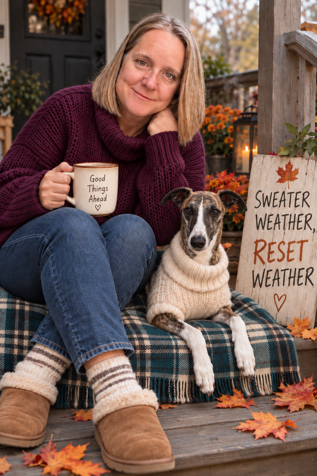 Victoria on her porch with her whippet Stanley