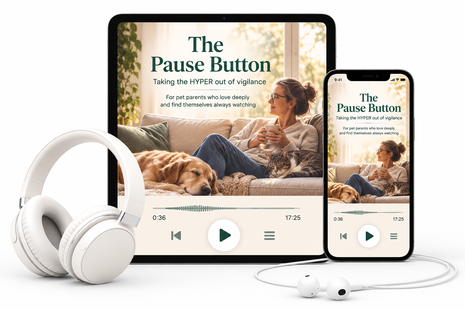 The Pause Button on a tablet and phone, with headphones