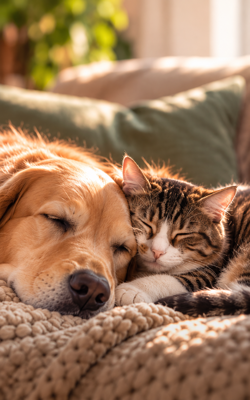 A dog and a cat asleep together on a sofa