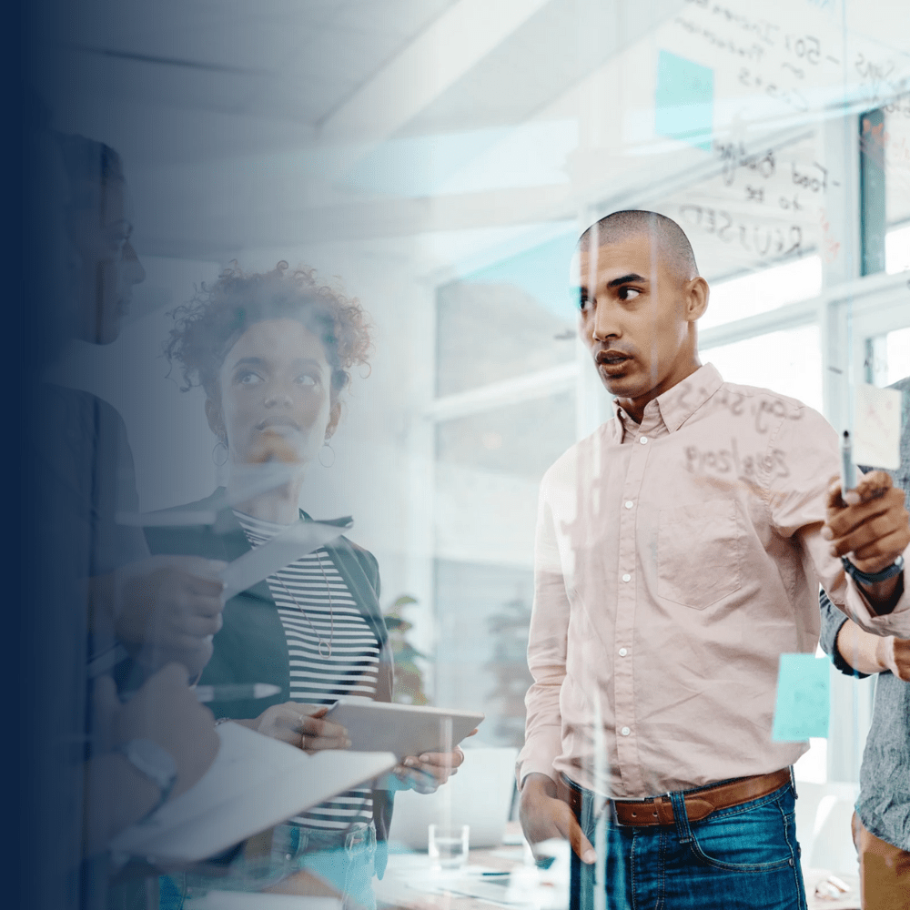 Design professionals collaborating in support and consultation session reviewing styling guides, inspiration boards, and motorized screen coordination tips