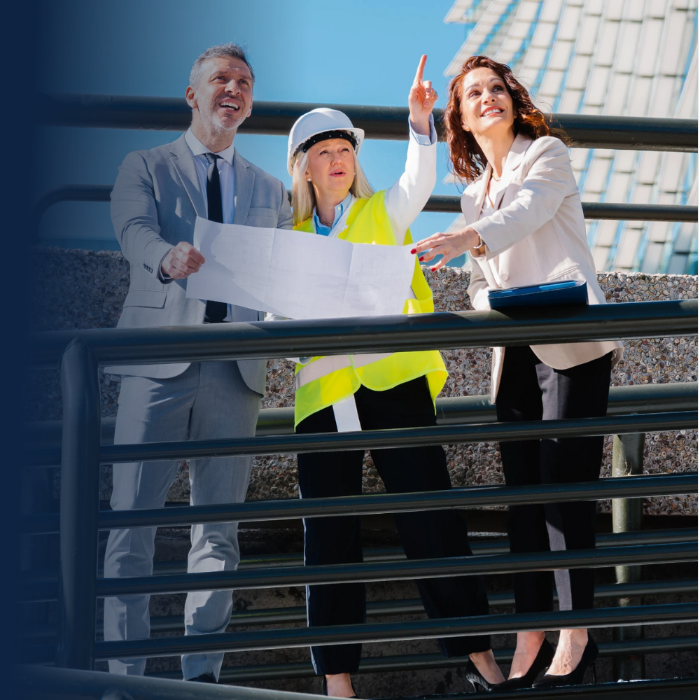 Architectural design team collaborating on motorized screen integration with best practices guide for next construction project planning