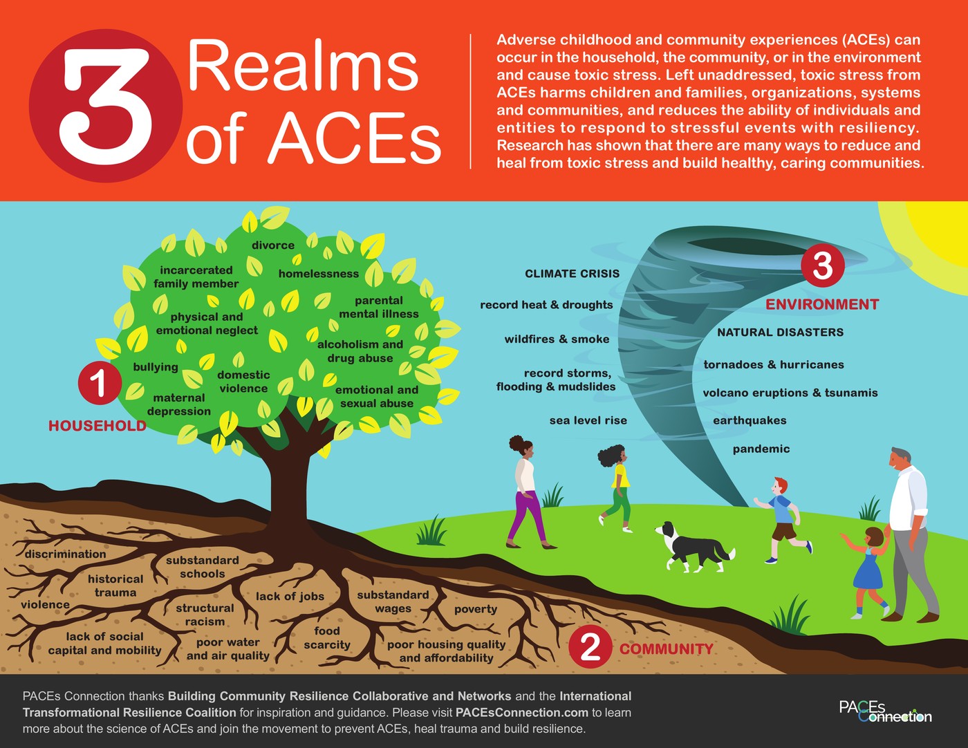 The 3 Realms of ACEs infographic: a tree for household ACEs, its roots for community ACEs, and a tornado for environmental ACEs The 3 Realms of ACEs infographic: a tree for household ACEs, its roots for community ACEs, and a tornado for environmental ACEs