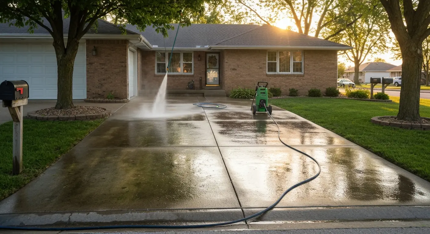 Pressure washing a residential driveway
